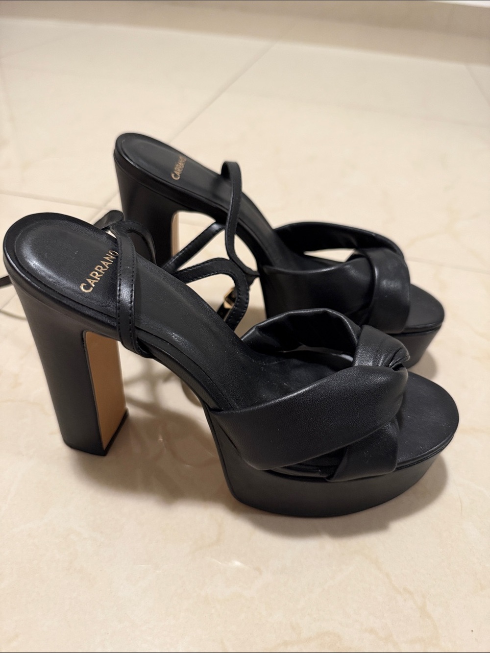 Carrano Black Leather Knotted Platform Heels